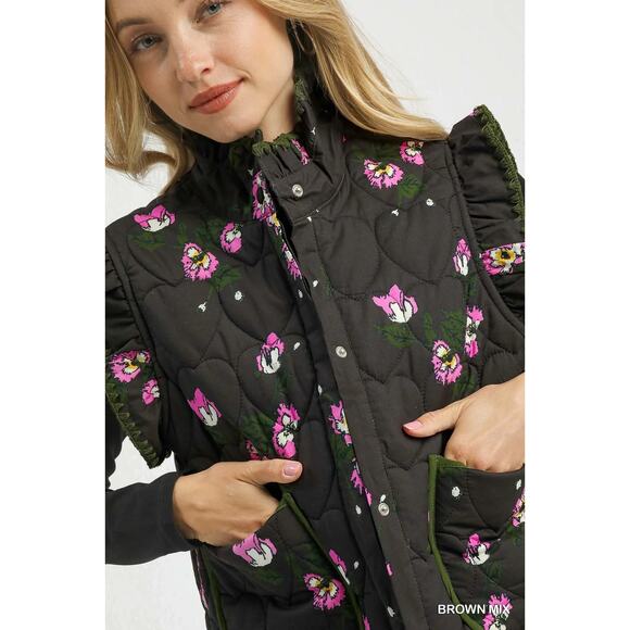 Umgee Ruffled Sleeves Floral Print Snap Button Down Quilted Vest Jacket | Brown - Picture 6 of 6